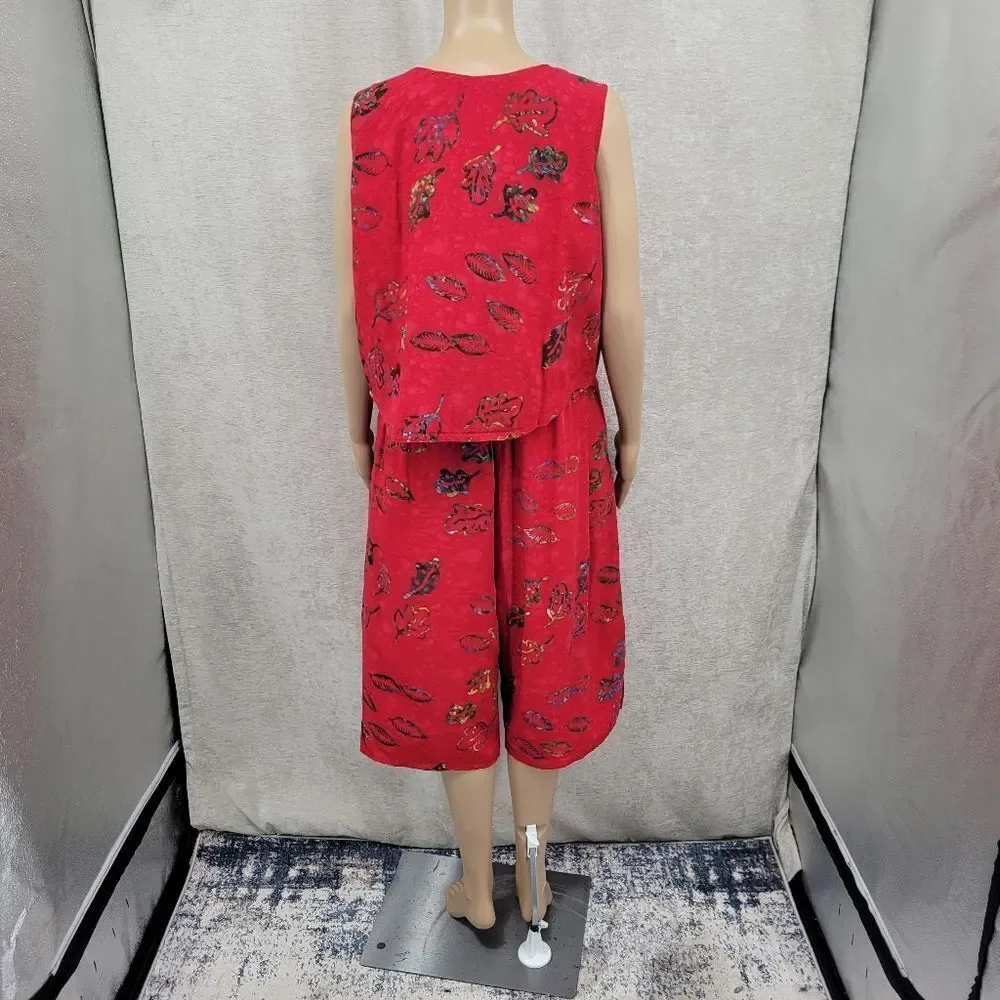 Young Fashion Vintage Red Patterned Culottes and Sleeveless Top Matching Set